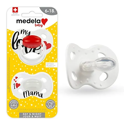Medela Baby Pacifier | Day and Night Glow in The Dark | 6-18 Months | 2-Pack, Lightweight | BPA-Free | Supports Natural Suckling | My Love and I Love Mama