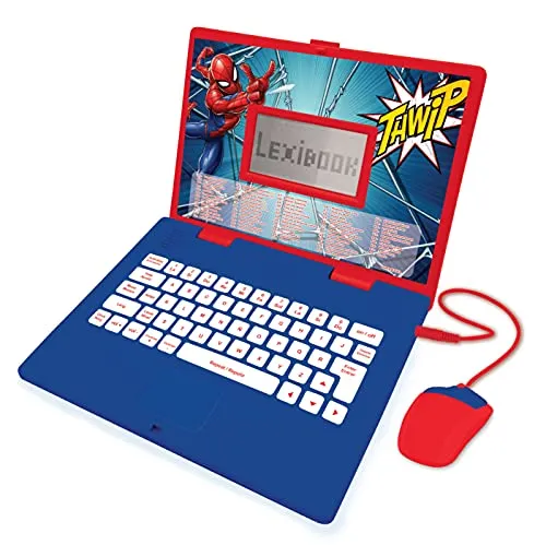 LEXIBOOK JC598SPi2 Spider-Man-pädagogischer und zweisprachiger Laptop Spanisch/Englisch-Spielzeug für Kinder (Jungen und Mädchen) 124 Aktivitäten, Rot/Blau, 25,5 x 34 x 4,5 cm