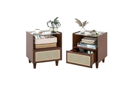 COSTWAY Nachttisch (2-St), mit Schublade und Glastischplatte, aus Bambus & Rattan