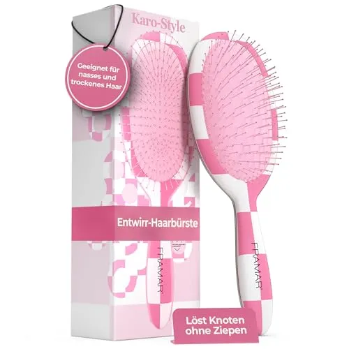 FRAMAR Kariert Haarbürste Ohne Ziepen - Haarbürsten Für Langes Haar, Haarbürste Damen, Wet Hair Brush, Entwirrbürste Lange Haare, Detangler Bürste, Locken Bürste Haare - Rosa - Kariert