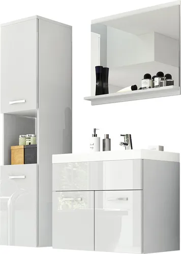 Mirjan24 Badmöbel-Set in Weiß Hochglanz - Stylisches Badmöbel-Set mit kompakten Maßen für effiziente Raumnutzung. Inklusive Waschbecken und Spiegel – ideal für moderne Badezimmer.