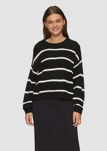 QS Rundhalspullover mit Streifenmuster, Gr. L, black/ecru stripes - Kombistarker Damen-Rundhalspullover in gestreifter Optik, bequem und warm durch hochwertige Strick-Qualität, ideal für lässige Outfits.