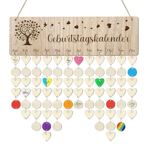 BOOMTOP DIY Geburtstagskalender Holz mit 100 Holzscheiben Geburtstagskalender DIY Jahresunabhängig zum Beschriften Immerwährend Familienkalender Selbst Gestalten Wandkalender Geburtstag Dekoration