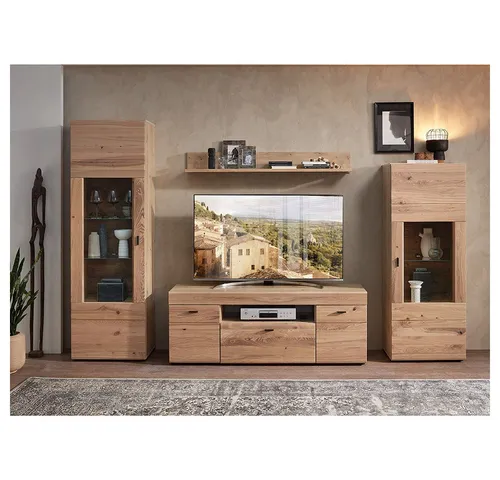 Lomadox Wohnwand MORENA-55, (4-St., Vitrinen Wandboard Lowboard), montiert, Softclose-Funktion, Esche teilmassiv, 4-teilig
