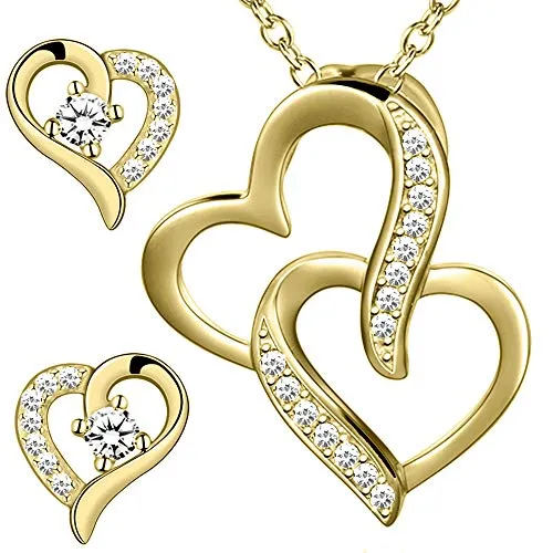 Damen Herz Schmuckset echt 925 Sterling Silber Gold Set Herzkette Ohrringe mit Hals-Kette Ohrstecker (K971+K973+V12)