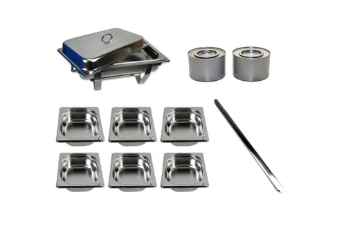 AcMax 13 tlg. Edelstahl Chafing Dish Set - Edelstahl Chafing Dish Set für Buffets und große Feiern. Hält Speisen zuverlässig warm und präsentiert diese stilvoll. Inklusive Deckel und Brennpaste für optimalen Einsatz.