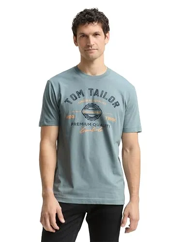 TOM TAILOR Herren T-Shirt mit Logo-Print aus Baumwolle, grey mint, M