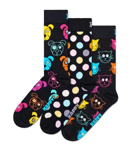 Happy Socks Classic Dog Socken (3-Paar) blau|gelb 41-46 - Herrensocken im praktischen 3er-Pack, aus 86% biologischer Baumwolle, bieten Komfort und Stil mit einem einzigartigen Hundemuster.