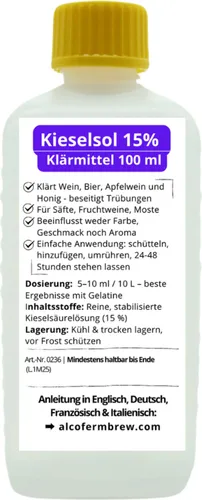 Kieselsol 15% - 100ml, Schnelle 24h Klärung und Sedimentation für Wein, Bier und Maische