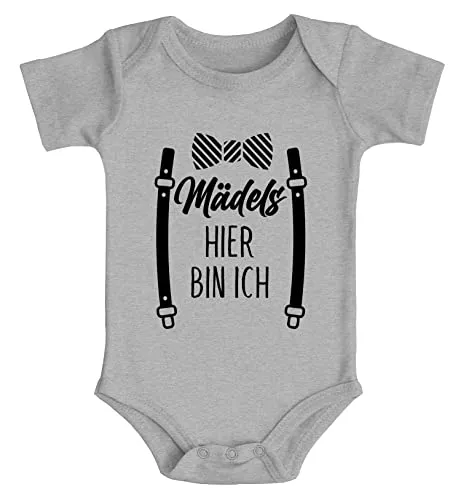 Produktbild MoonWorks® Baby Body Fliege mit Spruch lustig Mädels hier bin ich Bio-Baumwolle Jungen & Mädchen grau 3-6 Monate