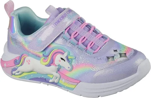Skechers Mädchen Unicorn Chaser Sneaker, Violett, 28 EU - Sneaker mit glitzerndem Obermaterial und zauberhaften Einhorn- und Regenbogengrafiken, elastische Schnürsenkel für einfachen Einstieg und gepolstertes Komfortfußbett für den perfekten Tragekomfort.