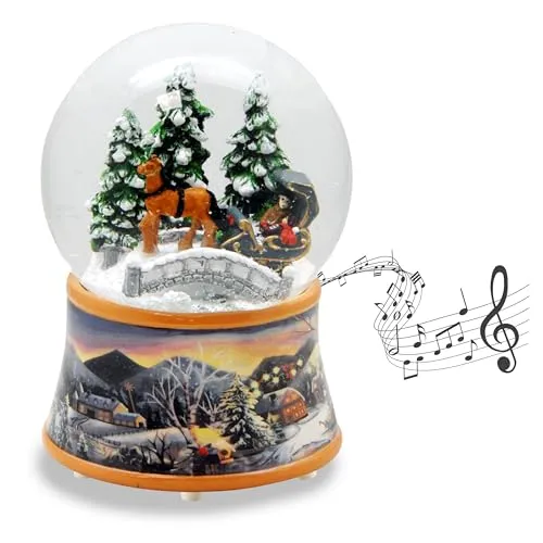 Schneekugel Kutsche über Brücke | Sockel nostalgische Winterlandschaft Ocker | mit Spieluhr | Schüttelkugel Weihnachtsdekoration | B: 10 cm H: 14 cm | 20258