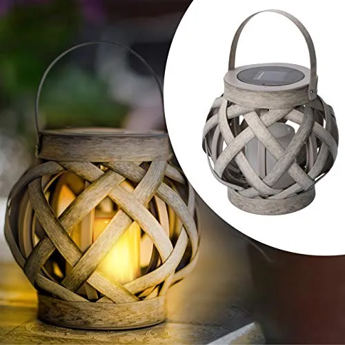 proventa® Dekorative LED Solar Leuchte in Rattan Optik, 1 Stück, inkl. LED Kerze, mit Flammeneffekt, Höhe 15,5 cm, für Außen, IP44