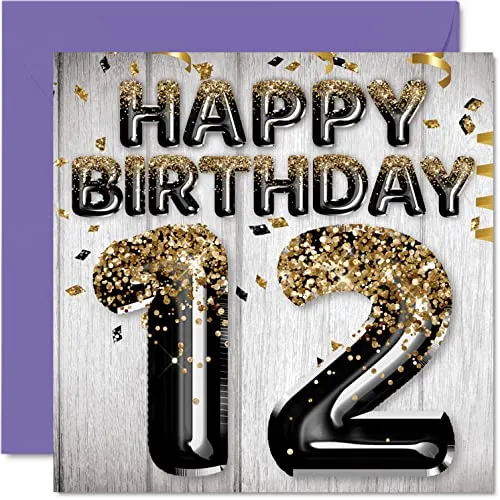 Stuff4 Geburtstagskarte zum 12. Geburtstag für Jungen | Schwarze und goldene Glitzerballons