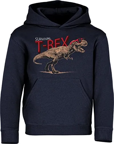 Baddery Kinder Pullover: Survival T-Rex Dino - Robuster Kapuzenpullover für Jungen (Navy 152) - Kapuzenpullover für Jungen mit langlebigem Siebdruck-Motiv und 280 g/m² schwerer Baumwolle, ideal für aktive Kids und Maschinenwäsche bis 40 Grad.