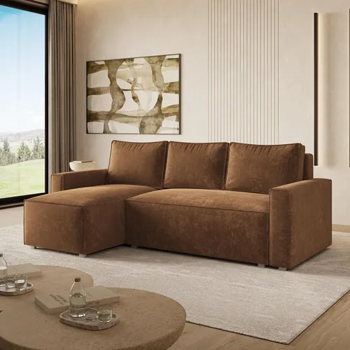 Masseno Ecksofa POTARO LM mit Schlaffunktion - Hellbraun, L-Form - Ecksofa POTARO LM in L-Form mit Schlaffunktion und praktischem Stauraum für Bettzeug. Ideal für gemütliche Abende und überraschende Gäste. Elegantes Design in Hellbraun für jeden Wohnstil.
