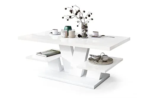 All4All Couchtisch Valerio - Wohnzimmertisch - Kaffeetisch – Tisch mit Ablagen - Esszimmertisch - Coffee Table - 110x60cm - 05 - Weiß Hochglanz + Weiß
