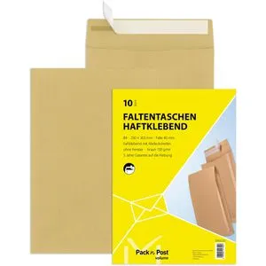 Mailmedia Faltentaschen B4, braun, ohne Fenster, haftklebend, 10 Stück