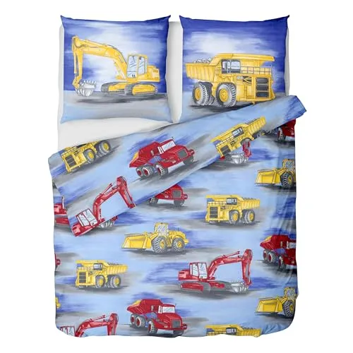 LINKHOFF Bagger Bettwäsche Set 135x200 für Kinder - Bettwaren-Set für Kinder mit Baustellenfahrzeugen, aus 100% atmungsaktiver Renforce Baumwolle, pflegeleicht und mit praktischem Reißverschluss für schnelles Beziehen.