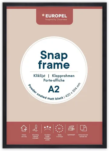 Klapprahmen Europel A2 25mm matt Schwarz - Eleganter Klickrahmen für A2-Poster, mit Easy-Click-System für schnelle Präsentationen und schützender Antireflexfolie. Ideal für professionelle Werbepräsentationen.