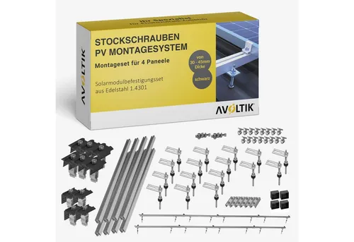 avoltik Solarmodul-Halterung Blechdach für 2-4 Module - Robuste Halterung für Solaranlagen auf Blechdächern, witterungsbeständig und einfach zu montieren. Ideal für den Einsatz von 2 bis 4 Modulen, inklusive 200 mm Stockschrauben.