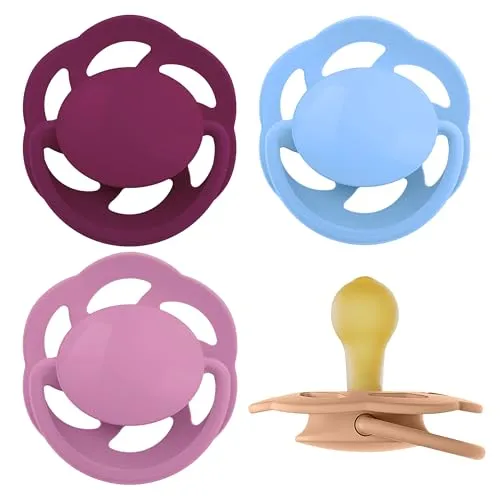 nip Cherry Schnuller 6+ Monate 4er Pack Kirschform Latex stillfreundlich | kiefergerecht zahnfreundlich hautfreundlich natürlicher Rundsauger Naturkautschuk Made in Germany Größe 2 lila/hellblau