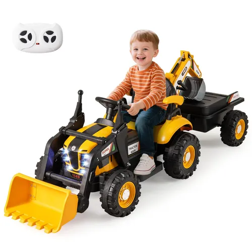 COSTWAY Elektro Traktor 12V mit Anhänger und Fernbedienung für Kinder