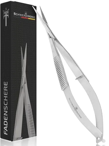 SCHWERTKRONE® Pinzettenschere Stickschere 11,5 cm [GERADE] – Fadenschere Klein & Scharf - Universelle Applikationsschere - Federschere - Kleine Schere mit feiner Spitze für Feinarbeiten