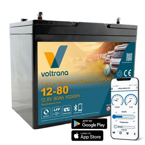 Lithium Wohnmobil-Batterie 12,8V 80Ah 1024Wh M8 mit Bluetooth – Voltrana LiFePO4