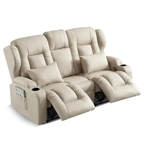 SAMERY Relaxsessel mit Liegefunktion Fernsehsessel Manuell Verstellbar, Zweisitzer Sofa Kinosessel 2 Sitzer Sofa TV Sessel Heimkino mit Getränkehalter/Schublade/Buchse, Stoffbezug