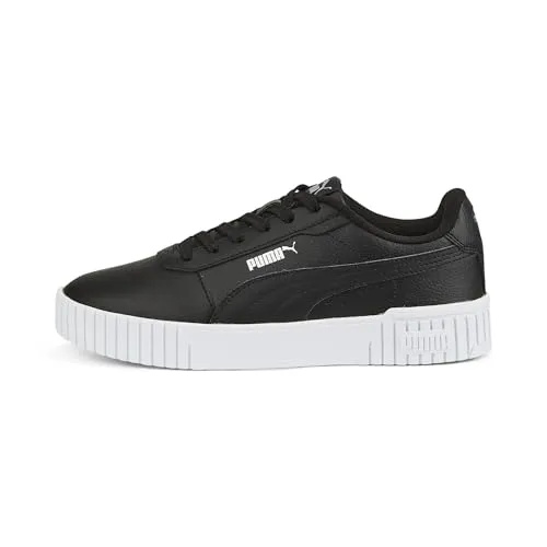 PUMA Damen Carina 2.0 Sneaker - Schwarz Silber Grau, 38.5 EU - Damen-Sneaker mit hochwertigem Leder-Obermaterial, perforiertem Schuhblatt und rutschfester Gummisohle für optimalen Komfort und Stil.