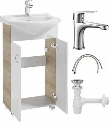 Badezimmerschrank mit Waschbecken, stehend, Eiche, 50x86 Tim, mit länglichem Chromhahn