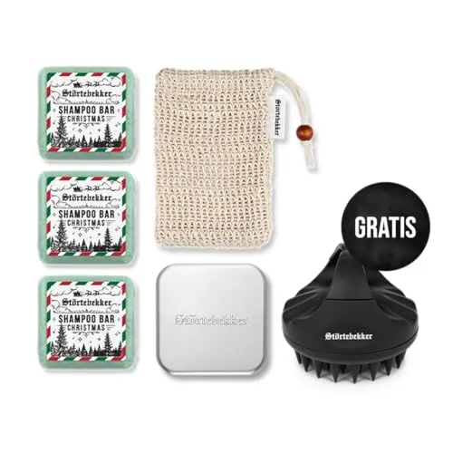 Störtebekker® Premium Duschset - Festes Shampoo Weihnachtsedition (x3) mit GRATIS Scalp Brush - Entdecken Sie unser handgefertigtes festes Shampoo in der Weihnachtsedition! Ideal für unterwegs, reinigt es sanft und macht das Haar leicht kämmbar. Perfekt für Reisen mit praktischer Seifendose und Sisalsäckchen.