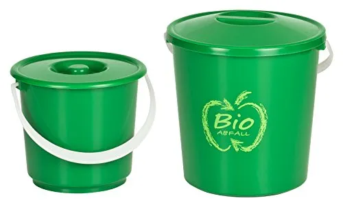 Kigima Bioeimer 5L und 2L 2er Set – Praktischer Biomülleimer für die Küche – Kompakter Komposteimer für Küche mit Deckel und Haltegriff – Bio Mülleimer für Biomüll und andere Küchenabfälle – Grün