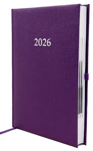 ADINA Buchkalender Chefplaner A5 violett-metallic 2026 - Kalender mit 1 Tag pro Seite, ideal für perfekte Organisation mit halbstündlicher Einteilung und zahlreichen Zusatzfunktionen. Starten Sie optimal organisiert ins Jahr!