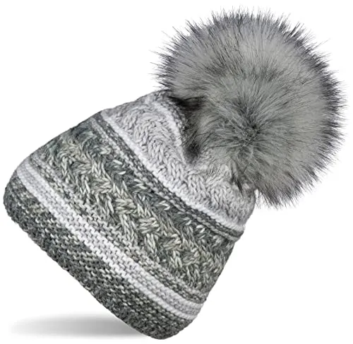 styleBREAKER Damen Strick Bommelmütze - Hellgrau-Grau mit Fleece Futter - Strickmütze für Damen mit buntem Mustermix und warmem Thermo-Fleece Futter, ideal für kalte Temperaturen. Einheitsgröße, bequemer Sitz bis Kopfumfang 59 cm.