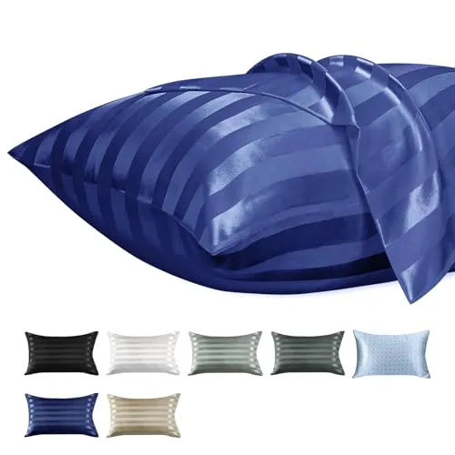 Lirex 2er Set Satin Kissenbezug 50x90cm mit Reißverschluss, Weich wie Seiden Kissenbezüge, Satin Kopfkissenbezug Kissenhülle für Haar und Haut Kommt, Navy Blau Streifen
