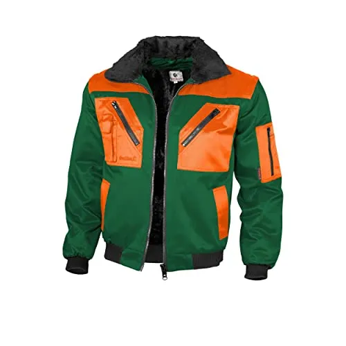 Qualitex Workwear Pilotenjacke - Zweifarbig Grün/Orange, Gr. L - Funktionsjacke aus 60% Baumwolle und 40% Polyester, bietet Komfort und Sichtbarkeit, perfekt für Arbeiten im Freien.