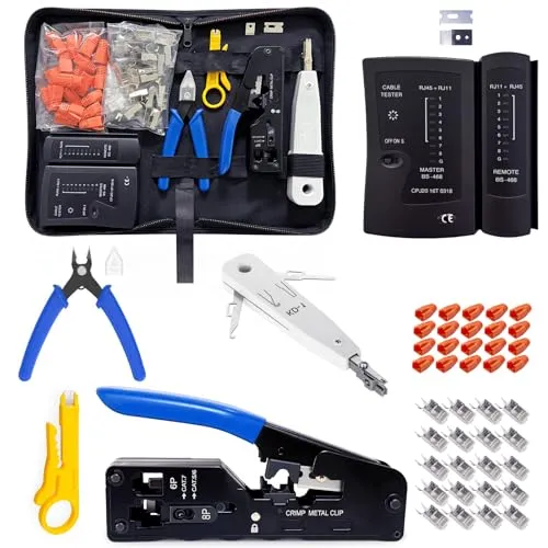 Yavinane Netzwerk Werkzeug Set, Pass Through RJ45 Crimpzange für Cat5/Cat6/Cat7 mit 20x RJ45 Stecker, Netzwerktester, LSA Auflegewerkzeug, Abisolierzange und Reparaturkit für RJ45/RJ11/RJ12 Kabel