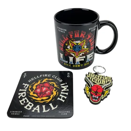 Stranger Things Geschenk-Set mit Tasse, Untersetzer und Schlüsselanhänger in Geschenkbox (Hellfire Design) 325ml Keramiktasse