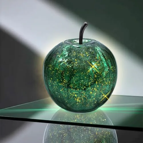 Spetebo LED Crackle Glas Apfel 16 cm - metallic grün - Deko Frucht in Bruchglas Optik - Tisch Lampe Leuchte mit Drahtlichterkette Batterie betrieben mit Timer