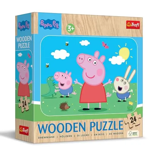 Trefl - Holzpuzzle: Peppa Pig, Lernen Sie die entzückende Peppa kennen - 24 Elemente, Wooden Puzzle, gerundete Kanten, Dekoratives Muster auf der Rückseite, für Kinder ab 3 Jahren