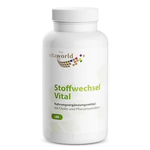 vitaworld Stoffwechsel Vital, Cholin für den Fettstoffwechsel, Bitterstoff EGCG, Guarana und Piperin, Vegan, 90 Kapseln