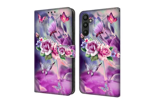 CLM-Tech Handytasche für Samsung Galaxy A26 5G Hülle aus PU-Leder Klapphülle (lila Blumen Schmetterlinge, Handyhülle mit Standfunktion - Wallet Flip Case inklusive Kartenfächer), Cover mit Magnetverschluss Samsung Galaxy A26 5G Schutzhülle
