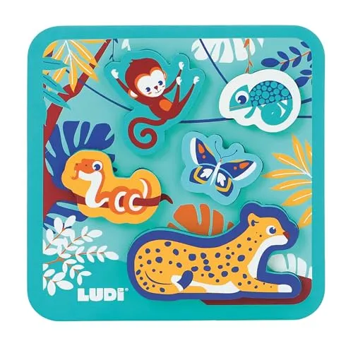 Ludi — Schaumpuzzle — Spielzeug zum Erwachen — integriertes Spiel — stimuliert die motorischen Fähigkeiten und fördert die Fantasie — 5 Dschungeltiere und 1 Spielbrett — wasserdicht — 20x20x1,5 cm