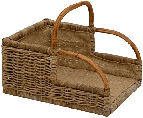 Holzkorb Landhaus, Kaminholzkorb mit Griff zum Tragen und Lagern von Holz-Scheiten, Korb aus ungeschältem Rattan Grau mit Inlett (Groß)