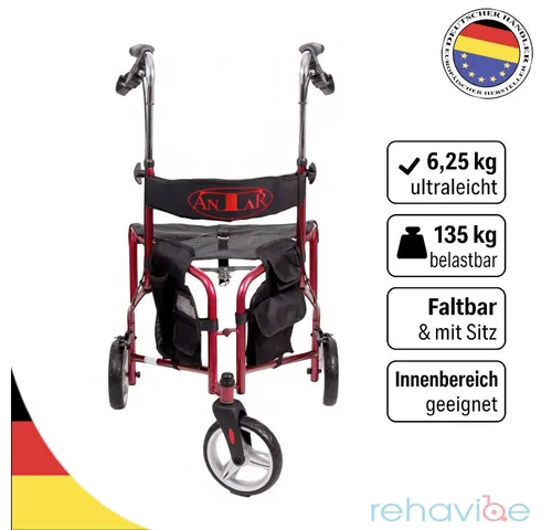 Antar Rollator 3-Rad / Dreirad-Rollator Gehhilfe für Senioren faltbar mit Bremse