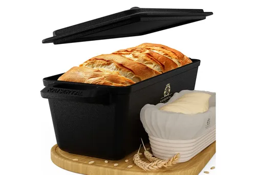 Kaisertal Brotbackform 4in1 - Robuste Gusseisen Kastenform mit Deckel - Brotbackform aus Gusseisen, ideal für vielseitiges Backen, Schmoren und Garen. Inkl. Gärkorb und Rezepten für perfekte Ergebnisse.