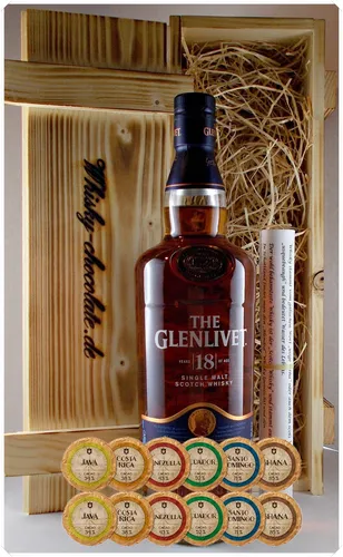 Glenlivet 18 Jahre Single Malt Whisky + 12 Edelschokoladen in Holzkiste Geschenk