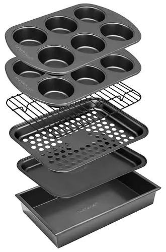 NutriChef Backform Set – 6-teiliges Antihaft Backblech und Muffinblech aus Karbonstahl, stapelbar und spülmaschinenfest, für Kuchen, Muffins und Brot, platzsparend für Toasterofen und kleine Küchen
